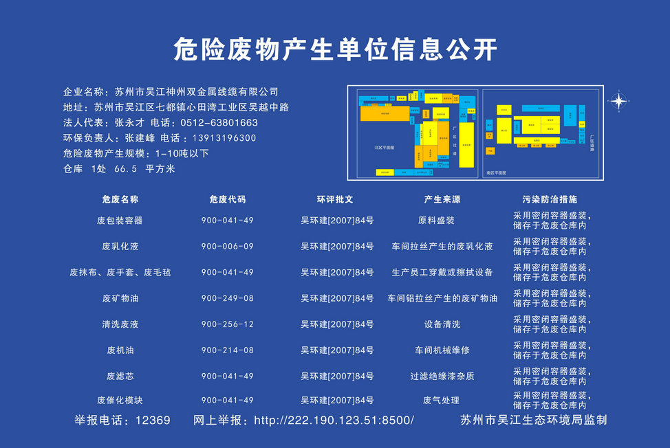 蘇州市吳江神州雙金屬線纜有限公司危險廢物產生單位信息公開